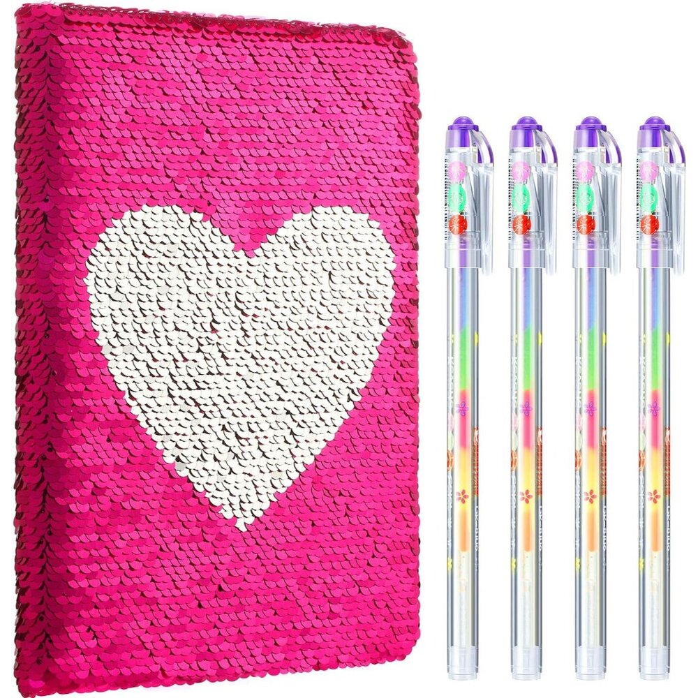 4 Pcs Sequin Girls Journal Valentines Journal Gift with Color Gel Ink Pens Glitt - Picture 1 of 6